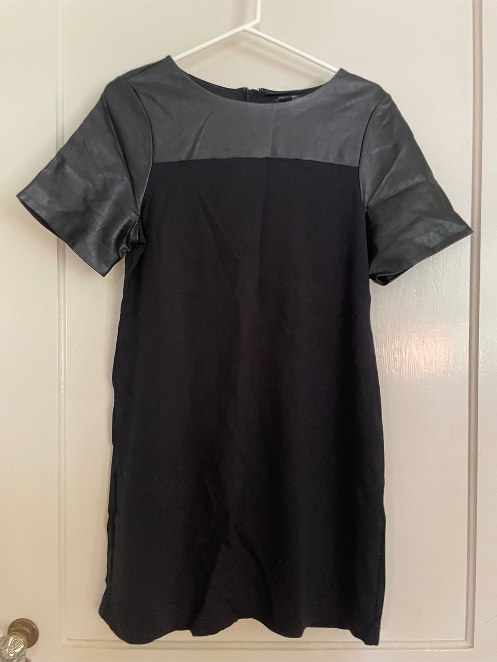 Ann Taylor Black Shift Dress with Faux Leather Yoke